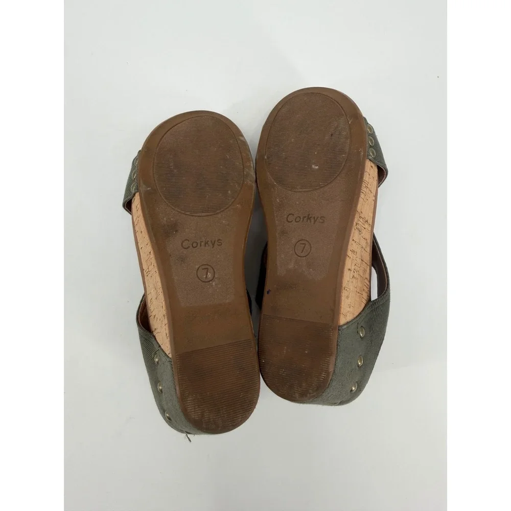 Corkys Carley Olive Green Canvas Cork Wedge Studded Slingback Sandals Womens 7
